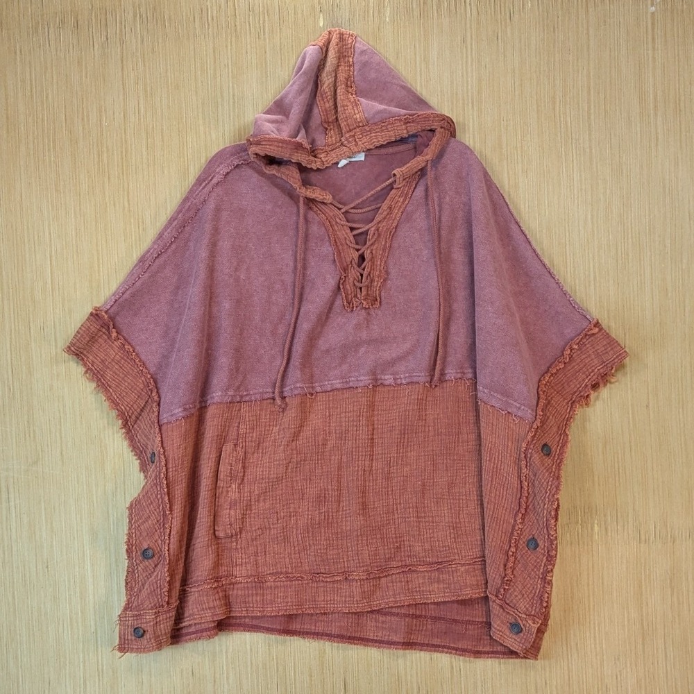 Oli & Hali Womens Boho Granola Oversized Poncho Hoodie Two Tone Muslin Gauze O/S